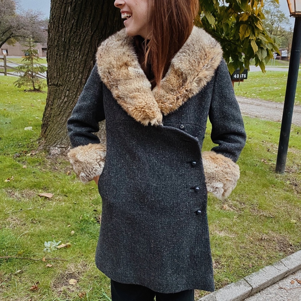Vintage dark gray rabbit collar and cuffs coat.